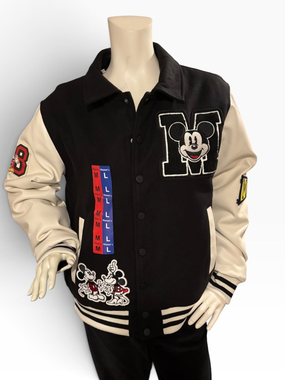 Disney Mickey Mouse Black & Cream Unisex Varsity Jacket, Men’s M/Women’s L